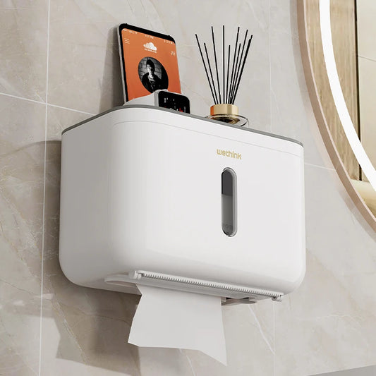 Bathroom Kitchen Wall Mounted Paper Towel Holder Rack Hanging Plastic Tissue Storage Box